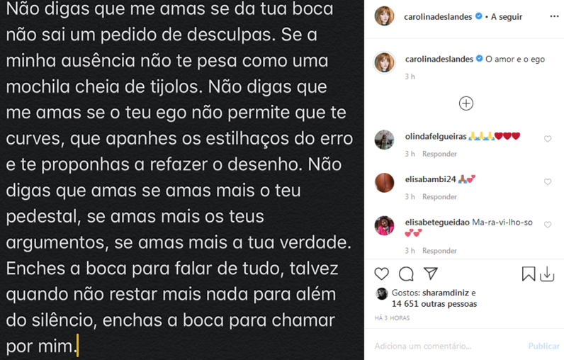 Carolina Deslandes revela mensagem enigmática sobre relações